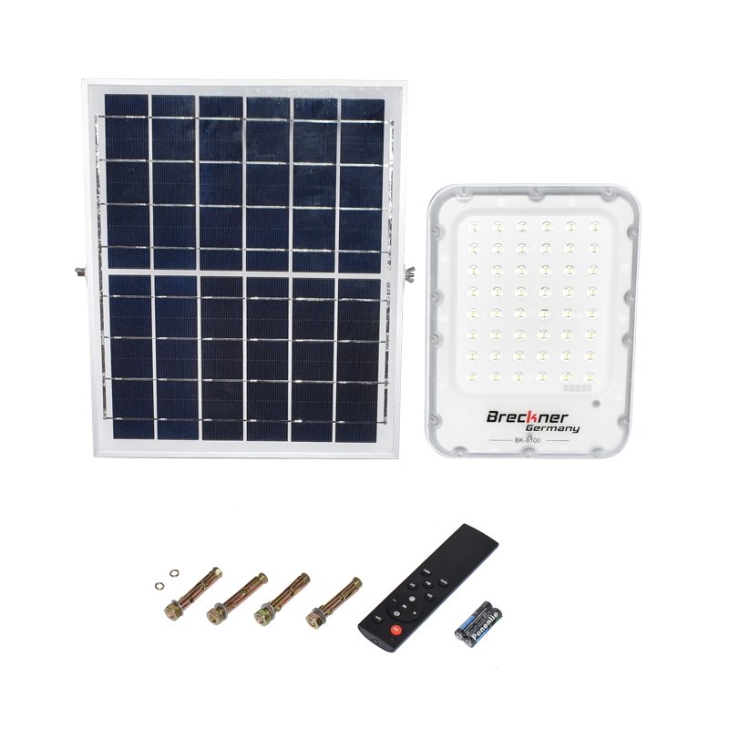 Proiector LED 100W cu panou solar policristalin 12W, baterie LifePo4 3.2V/12Ah, 6000K, 700lm cu telecomanda IP66 Breckner Germany